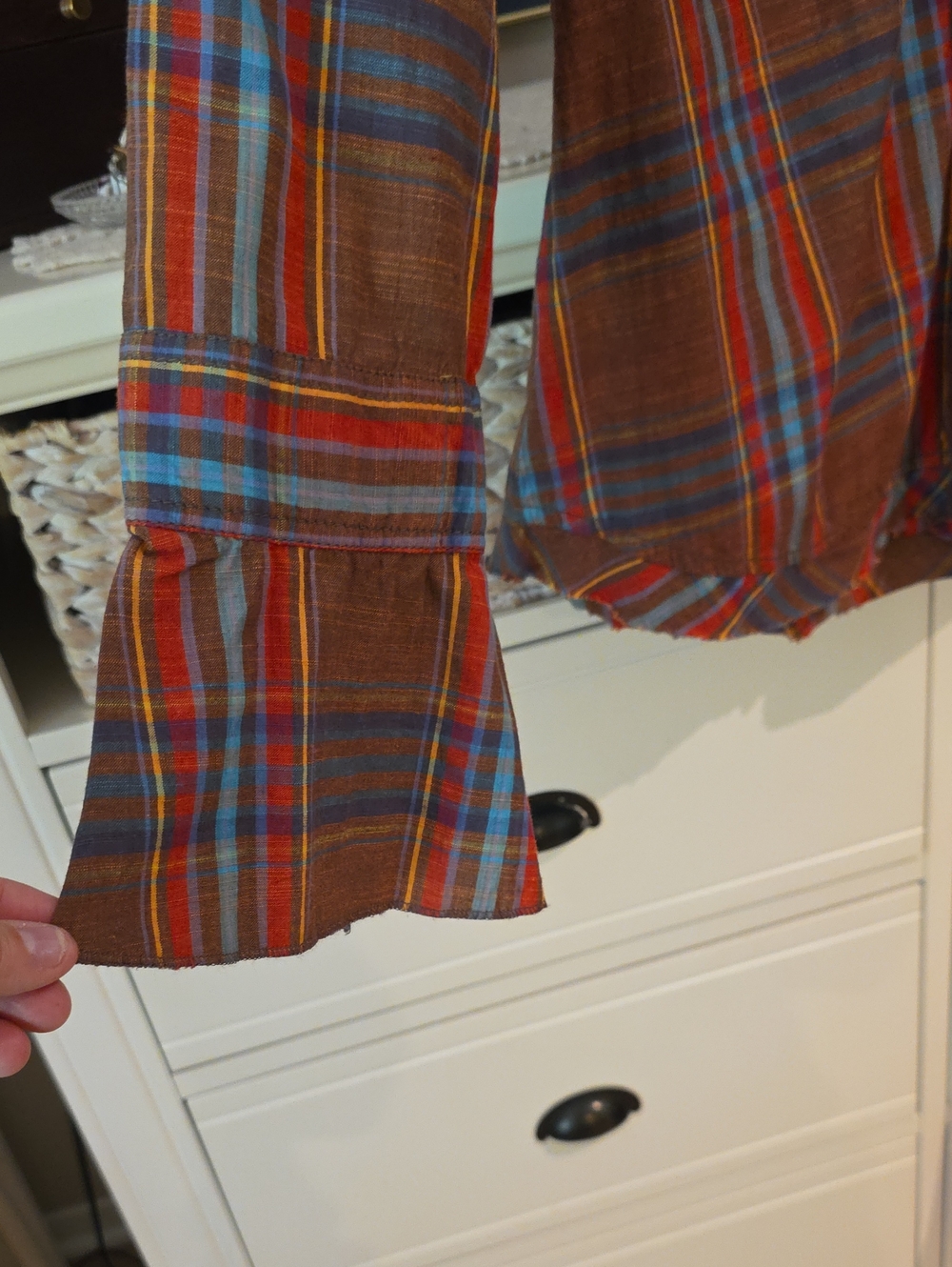 Cino Frayed Ruffle Fringe Plaid Button-Up Shirt Brown Red Blue Large Cotton - Picture 8 of 14